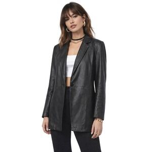 Harve Benard Single Button Long Leather Blazer Coat Black Size L